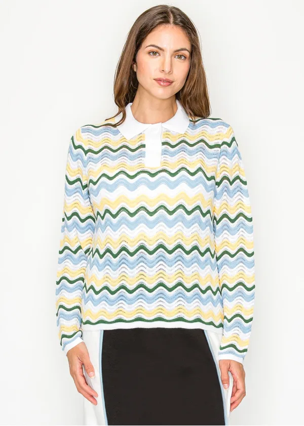 Wavy Stripe Knit Top with Polo Collar