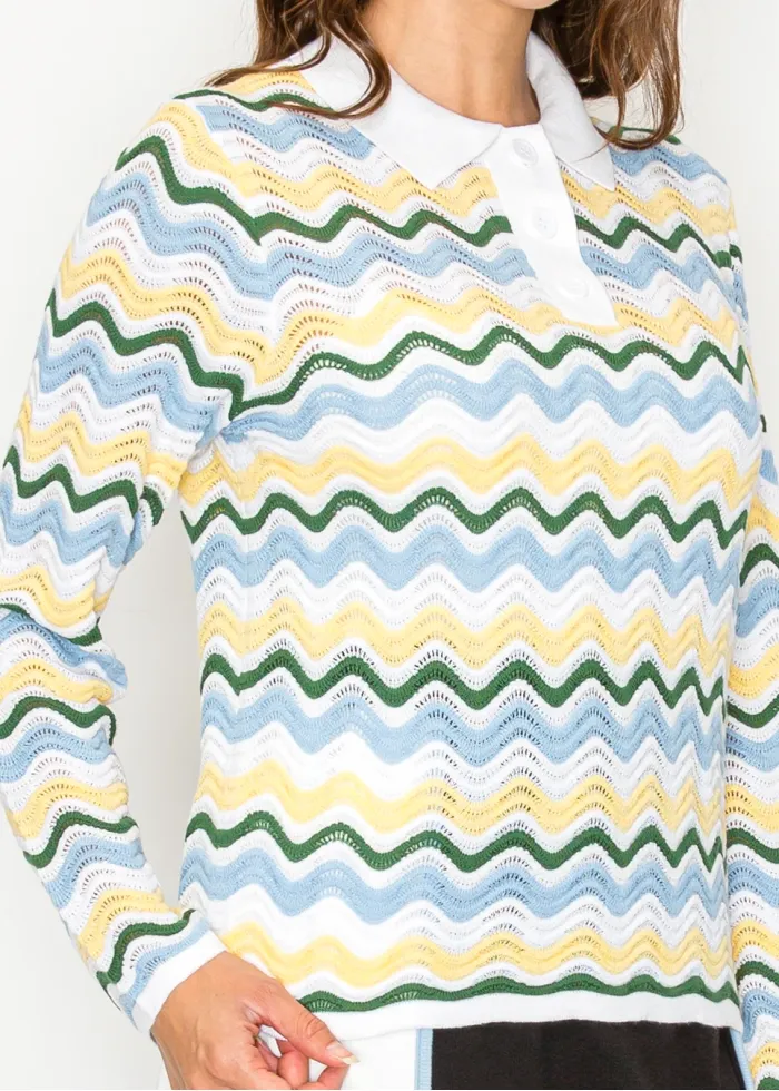 Wavy Stripe Knit Top with Polo Collar