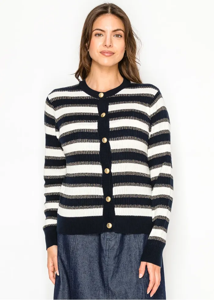Navy Stripe Gold Button Cardigan