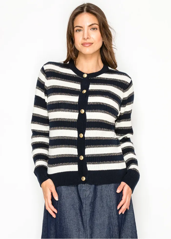 Navy Stripe Gold Button Cardigan