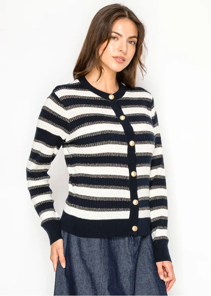 Navy Stripe Gold Button Cardigan