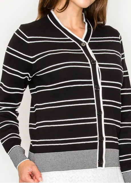 Striped Cardigan with Contrast Ribbed Trim