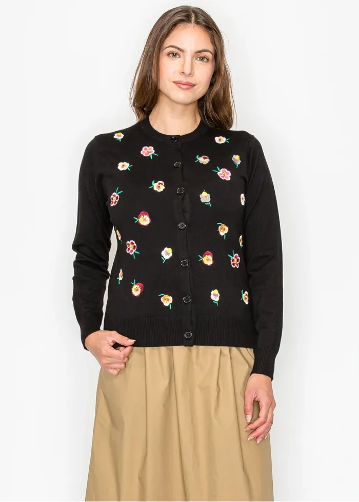 Black Cardigan with Colorful Bloom Detail