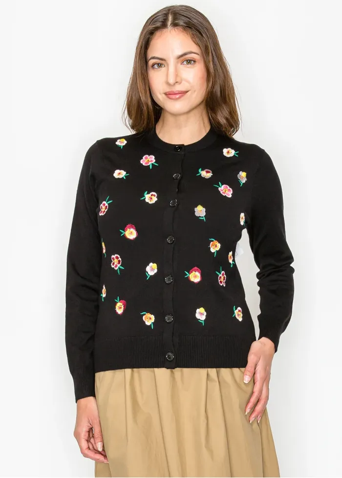 Black Cardigan with Colorful Bloom Detail