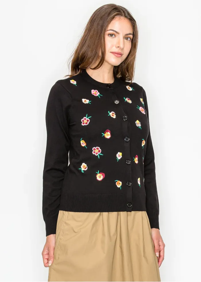 Black Cardigan with Colorful Bloom Detail
