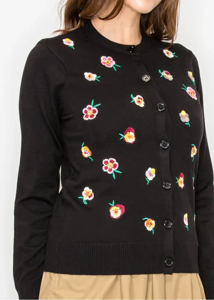 Black Cardigan with Colorful Bloom Detail