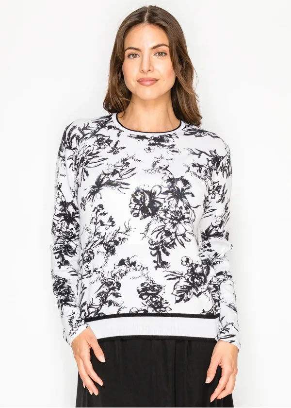 Black and White Floral Knit Sweater
