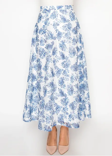 White A-Line Skirt with Blue Floral Print