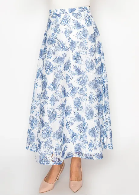 White A-Line Skirt with Blue Floral Print