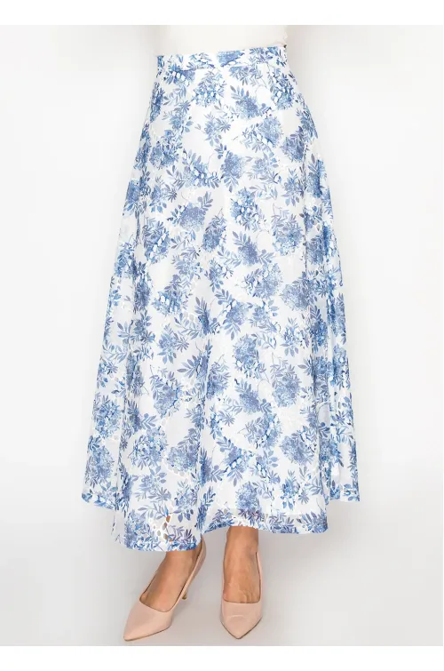 White A-Line Skirt with Blue Floral Print