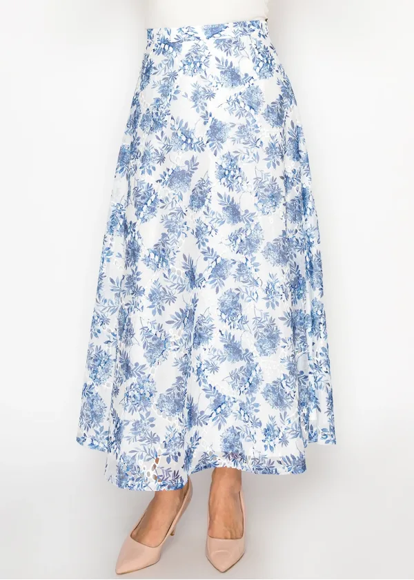 White A-Line Skirt with Blue Floral Print