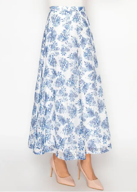 White A-Line Skirt with Blue Floral Print
