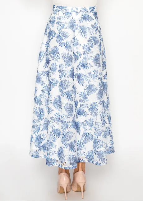 White A-Line Skirt with Blue Floral Print