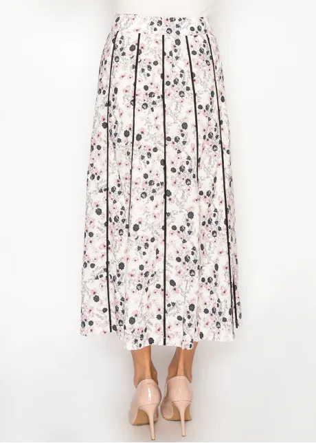 White Floral Midi Skirt, Contrast Pleat Lines