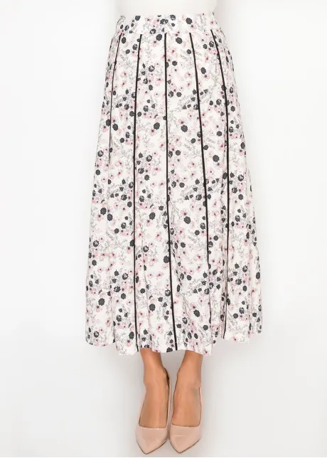 White Floral Midi Skirt, Contrast Pleat Lines