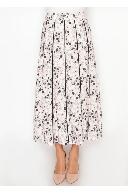 White Floral Midi Skirt, Contrast Pleat Lines