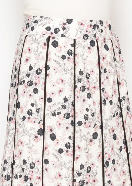 White Floral Midi Skirt, Contrast Pleat Lines