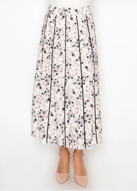 White Floral Midi Skirt, Contrast Pleat Lines