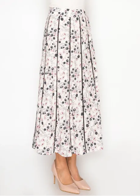 White Floral Midi Skirt, Contrast Pleat Lines
