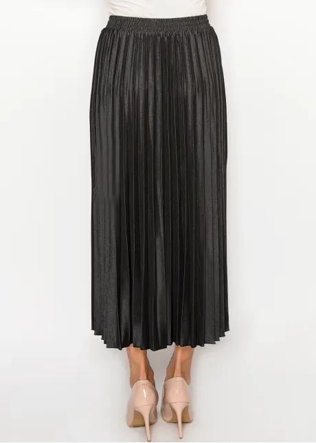 Denim Midi Skirt — Black, Full Pleat
