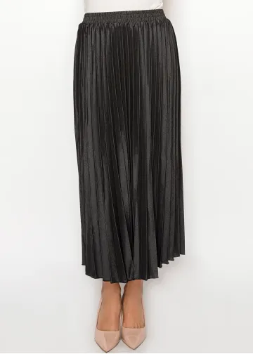 Denim Midi Skirt — Black, Full Pleat