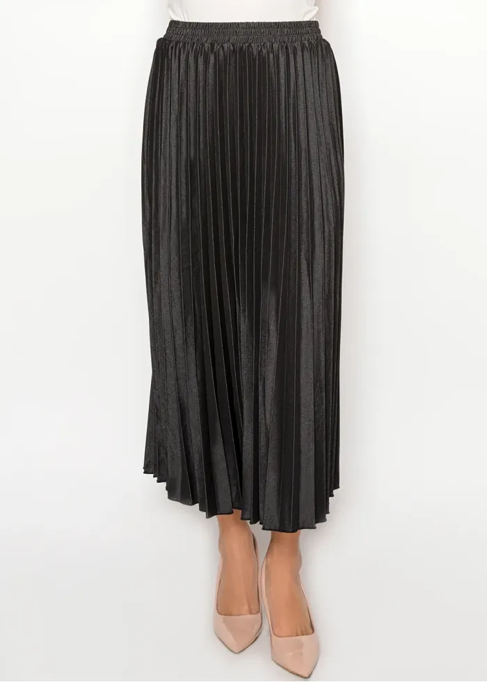 Denim Midi Skirt — Black, Full Pleat