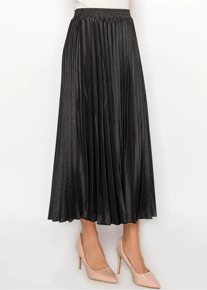 Denim Midi Skirt — Black, Full Pleat