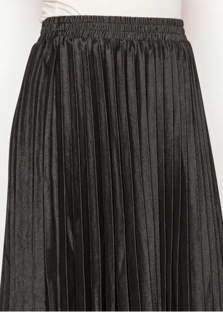 Denim Midi Skirt — Black, Full Pleat