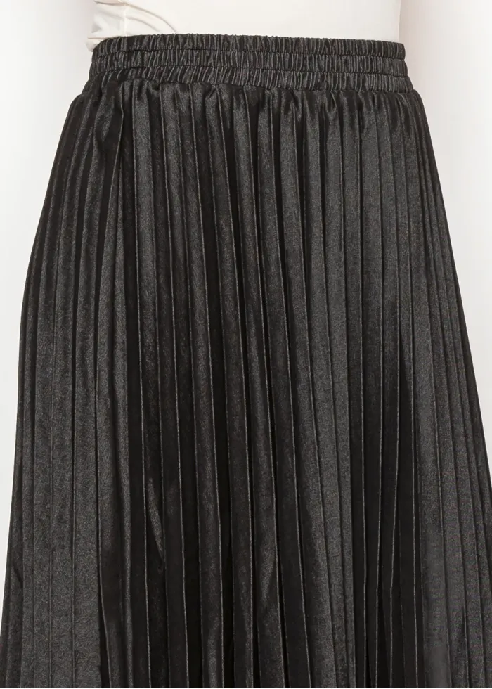Denim Midi Skirt — Black, Full Pleat