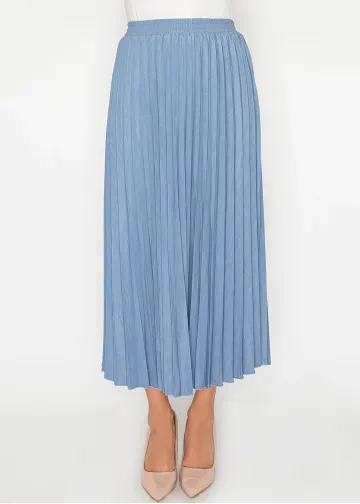 Denim Blue Pleated Midi Skirt