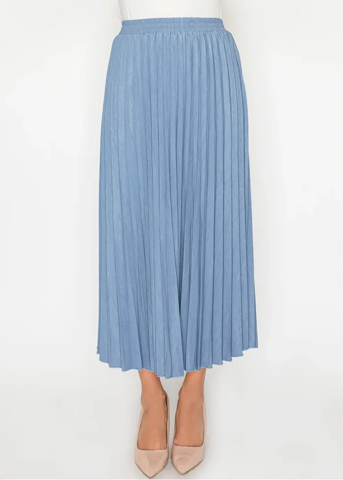 Denim Blue Pleated Midi Skirt