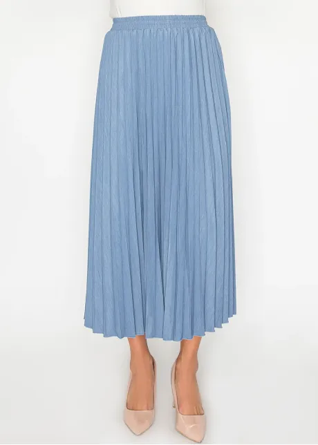 Denim Blue Pleated Midi Skirt