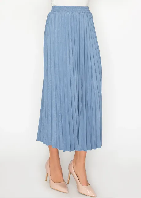 Denim Blue Pleated Midi Skirt