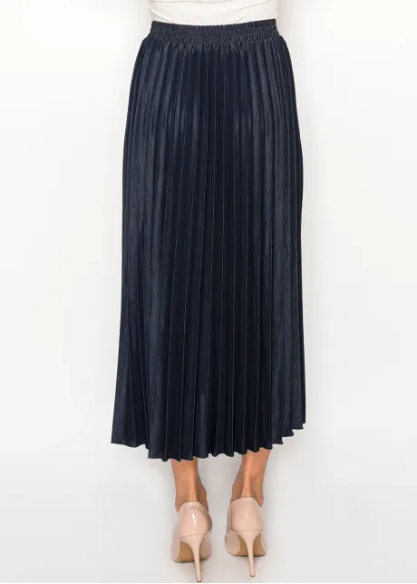 Denim Navy Pleated Midi Skirt