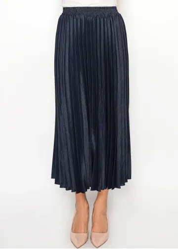 Denim Navy Pleated Midi Skirt