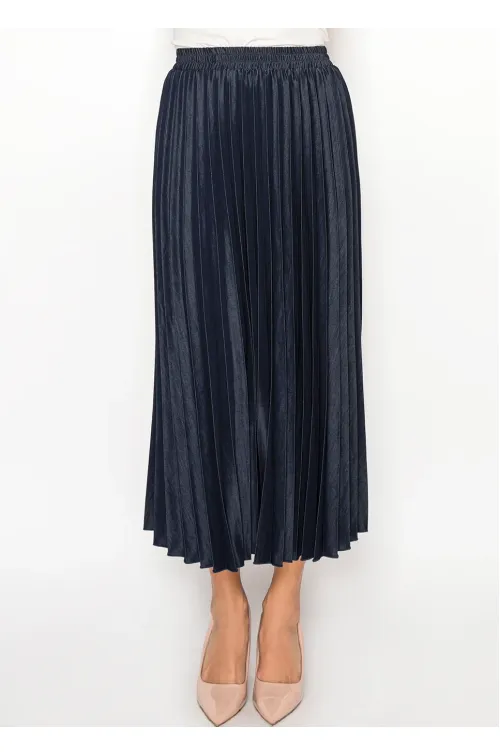 Denim Navy Pleated Midi Skirt