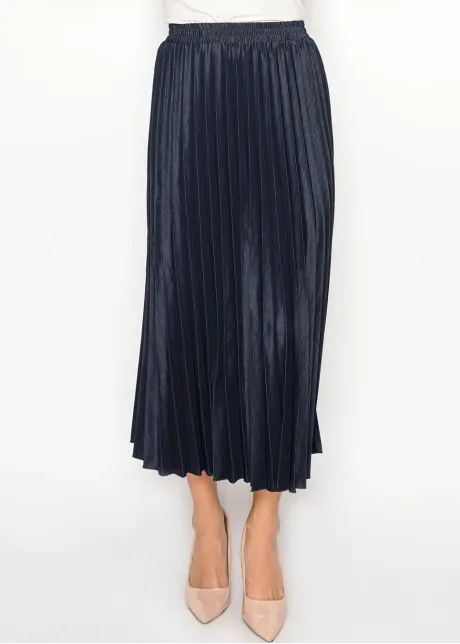 Denim Navy Pleated Midi Skirt