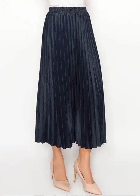 Denim Navy Pleated Midi Skirt