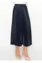 Denim Navy Pleated Midi Skirt