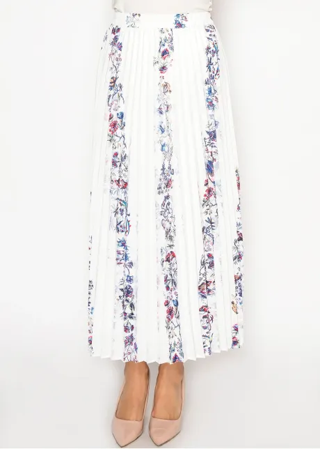 White Floral Stripe Pleated Skirt