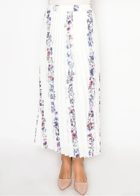 White Floral Stripe Pleated Skirt