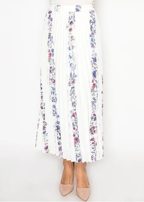 White Floral Stripe Pleated Skirt