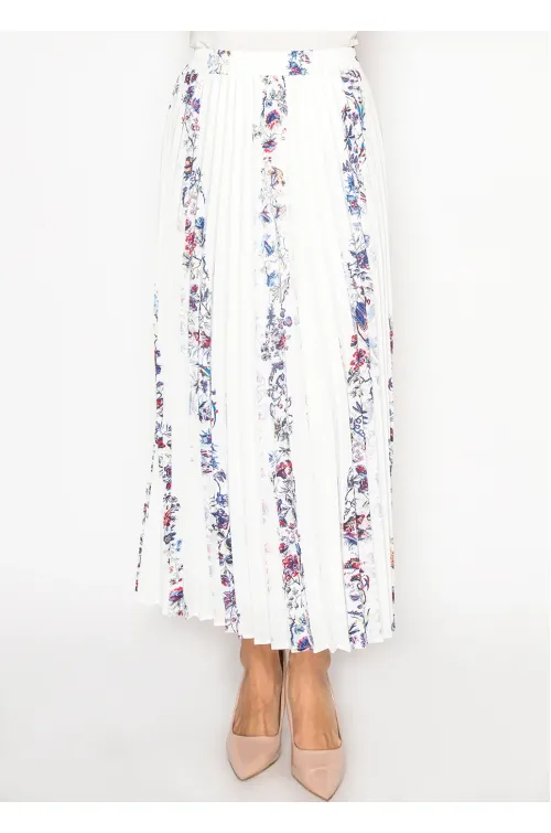 White Floral Stripe Pleated Skirt