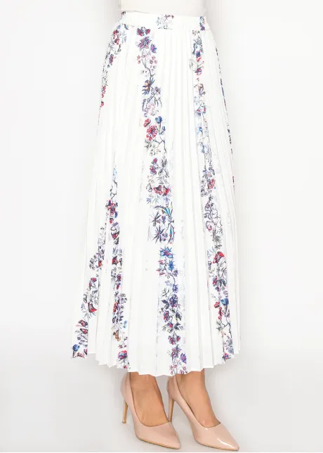 White Floral Stripe Pleated Skirt