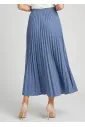Full Length Pleated Denim Skirt in Blue