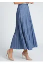 Full Length Pleated Denim Skirt in Blue