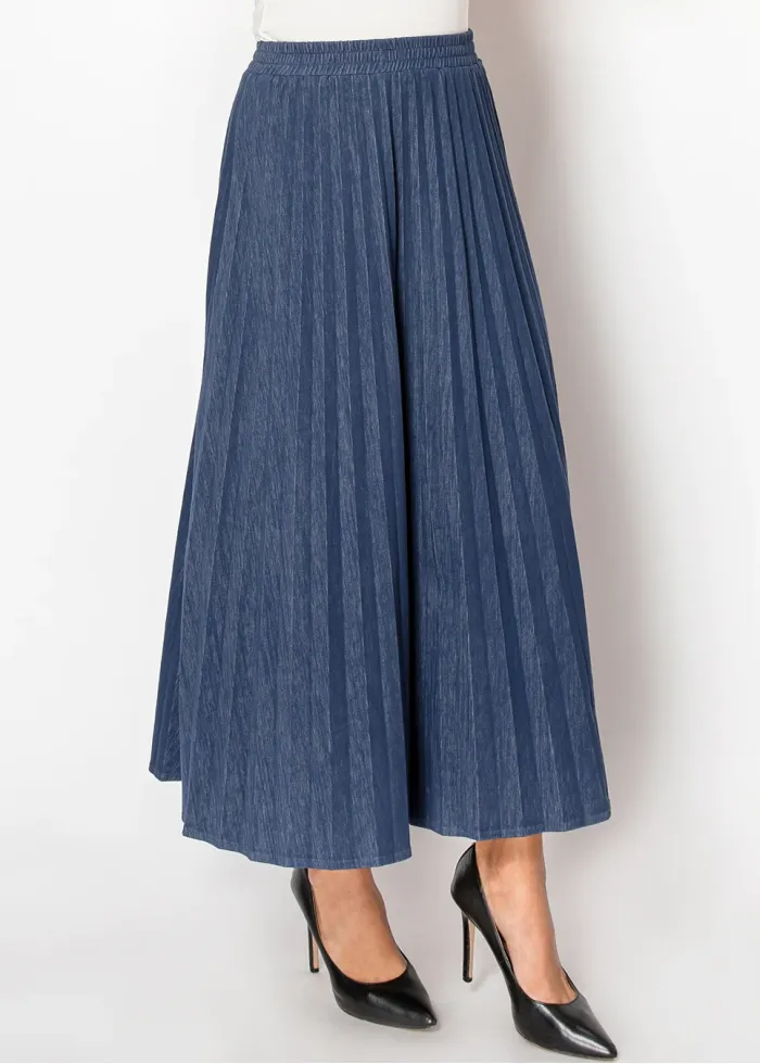 Pleated Denim Skirt — Navy, Elastic Waist