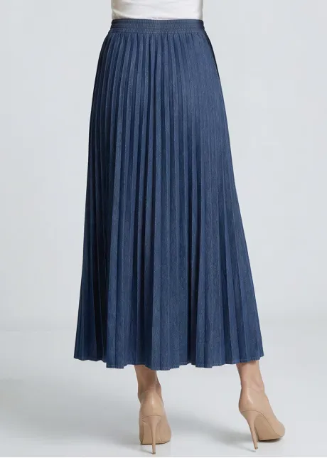 Pleated Denim Skirt — Navy, Elastic Waist