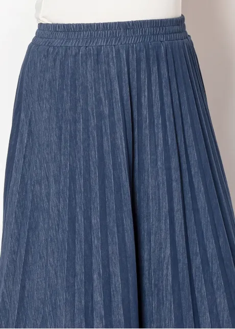 Pleated Denim Skirt — Navy, Elastic Waist
