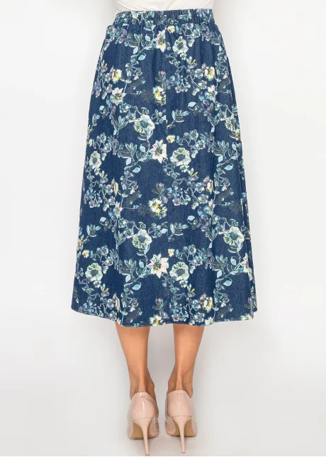 Floral Denim Midi Skirt in Blue
